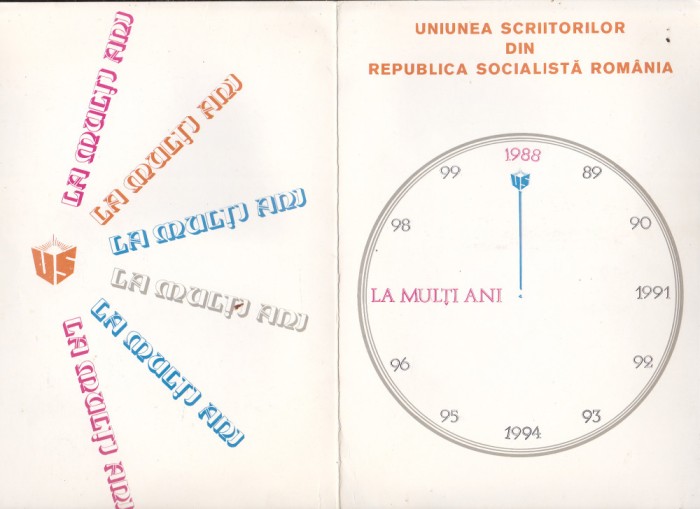 bnk cp Felicitare Uniunea Scriitorilor din RSR 1988 - multiple semnaturi