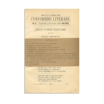 Convorbiri Literare, Anul XXIII, Nr. 11, 1 februarie 1890, cu &amp;bdquo;Sonet&amp;rdquo; și &amp;bdquo;Dalila&amp;rdquo; de M. Eminescu și &amp;bdquo;Grand-Hotel Victoria Rom&amp;acirc;nă&amp;rdquo; de I. L. Caragiale foto