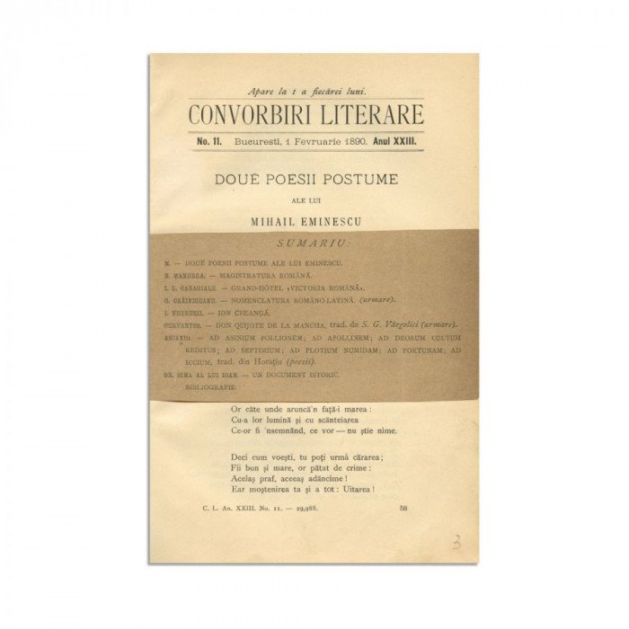 Convorbiri Literare, Anul XXIII, Nr. 11, 1 februarie 1890, cu &bdquo;Sonet&rdquo; și &bdquo;Dalila&rdquo; de M. Eminescu și &bdquo;Grand-Hotel Victoria Rom&acirc;nă&rdquo; de I. L. Caragiale