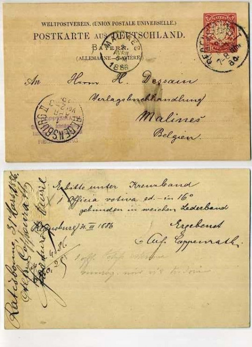Germany 1886 Postal Stationery Card Regensberg to Mechelen Belgium D.125