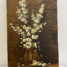 tablou Vas cu flori, ulei pe carton, semnat C. Popescu