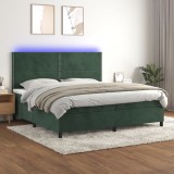 VidaXL Pat cu arcuri, saltea și LED, verde &icirc;nchis, 200x200 cm, catifea