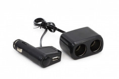 Priza auto dubla pentru bricheta cu 2 iesiri 12V/24V si port USB foto