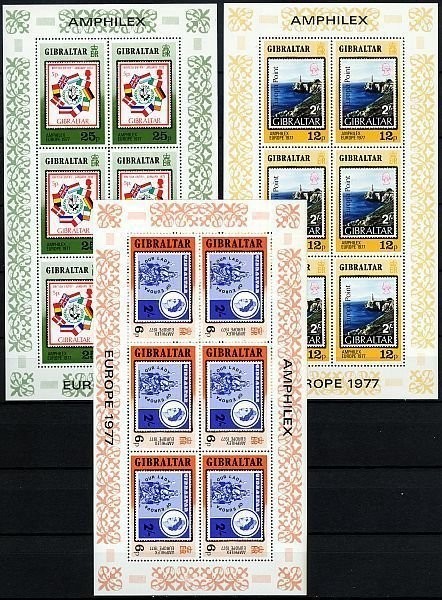 Gibraltar 1977 Europa CEPT, AMPHILEX in Amsterdam, 3x perf. sheetlets, MNH S.146