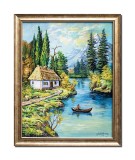 Tablou peisaj pictat manual inramat, Pescarul norocos, 55x45cm ulei pe panza, rama din lemn, Stefan Bilibou