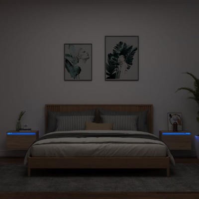 Gossi noptiere montate pe perete cu lumini led, 2 buc., stejar sonoma foto