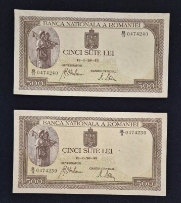 Bancnota Cinci sute lei 1943 Doua bucati serii consecutive foto