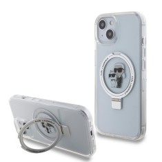 Husa pentru iPhone 15 / iPhone 14 / iPhone 13 - Karl Lagerfeld Hardcase Ring Stand MagSafe (KLHMP15SHMRSKCH) - White Karl&amp;Choupette