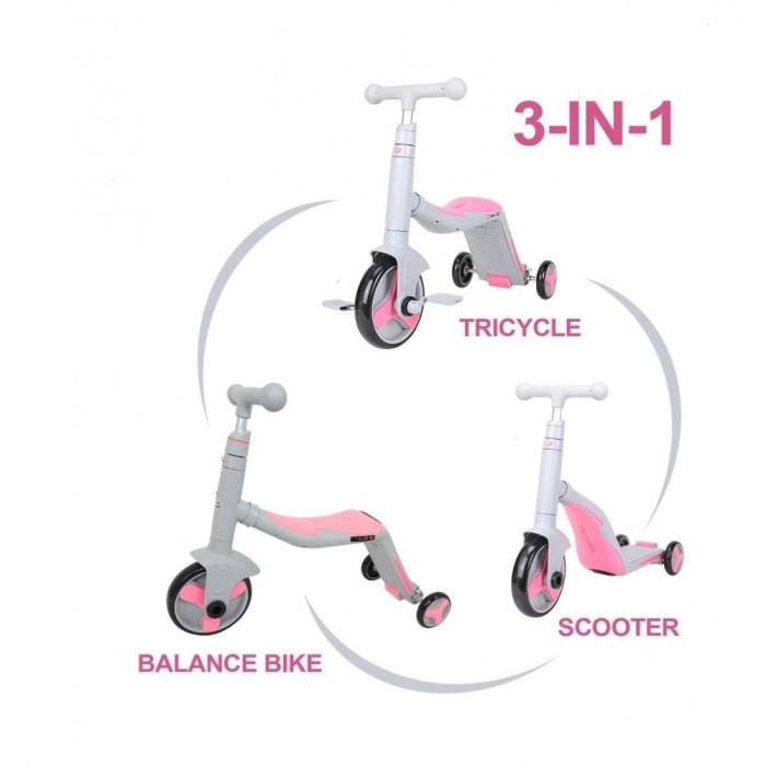 Trotineta Axel, 3 in 1, Gri/Roz, transformabila in tricicleta si balance bike