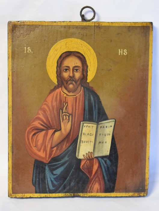 Iisus Hristos Pantocrator - Icoana veche pictata pe lemn - scoala romaneasca inceput de secol XX