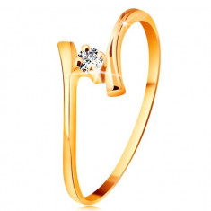 Inel din aur galben 585 - diamant strălucitor transparent, brațe subțiri &icirc;ndoite - Marime inel: 60