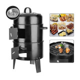Cumpara ieftin Gratar pe carbuni 3 in 1, capac cu termometru, 2 usi, 3 compartimente cu afumatoare/grill/gatire la abur, 40x40x80 cm
