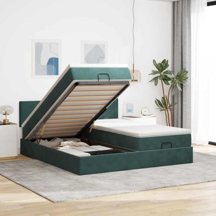 vidaXL Cadru de pat otoman cu saltele, catifea verde &icirc;nchis 180x200cm 3312908