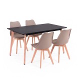 Set Sufragerie Leziter Silla 150, Negru-Bej, 1 Masa (150cm) + 4 Scaune, MDF, Lemn