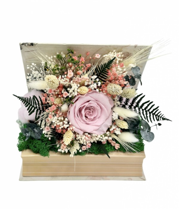 Aranjament floral personalizabil cu licheni, trandafir si plante naturale criogenate si stabilizate in carte (Multicolor)