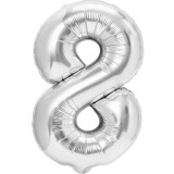 Balon din folie metalizata flippy, figurina cifra, tema aniversare 40 cm, ambalaj individual, pai inclus, umflare cu aer sau heliu, argintiu, cifra 8