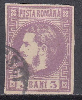 ROMANIA 1868 LP 22 REGELE CAROL CU FAVORITI 3 BANI VIOLET STAMPILAT POINCON foto