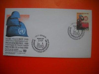 HOPCT PLIC FDC S NR 537 PREMIUL NOBEL PENTRU PACE 1988- ONU NATIUNILE UNITE - BIROUL GENEVA ELVETIA -NECIRCULAT foto