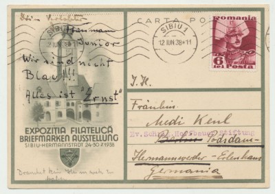 ROMANIA 1938 carte postala speciala Expozitia filatelica Sibiu circulata efectiv foto