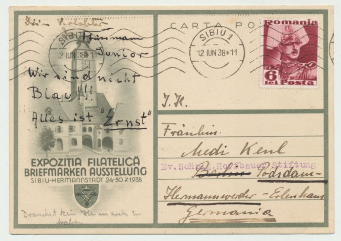 ROMANIA 1938 carte postala speciala Expozitia filatelica Sibiu circulata efectiv
