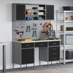 vidaXL Set dulap lucru &amp;amp; panou carlige, 7 piese, negru, MDF &amp;amp; metal foto