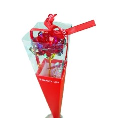 Floare decorativa, in cutie de cadou tip con, cu iluminare LED, buton On/OFF, rosu