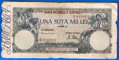 (74) BANCNOTA ROMANIA - 100.000 LEI 1946 (20 DECEMBRIE 1946), FILIGRAN ORIZONTAL foto