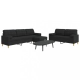 Set Canapele 3 Piese vidaXL, Negru, Textil, Taburet si Perne Decorative, Canapea 2 si 3 Locuri, Confortabil si Durabil