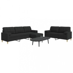 vidaXL Set canapele cu taburet și perne, 3 piese, negru, textil 3278347