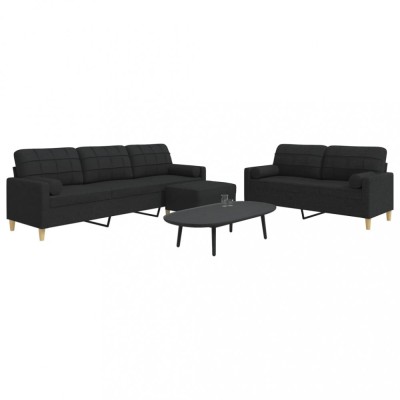 vidaXL Set canapele cu taburet și perne, 3 piese, negru, textil 3278347 foto