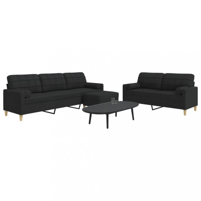 vidaXL Set canapele cu taburet și perne, 3 piese, negru, textil 3278347