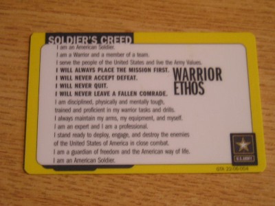 B12 49 - Card comercial - tematica militara Soldier&amp;#039;s creed - piesa de colectie foto