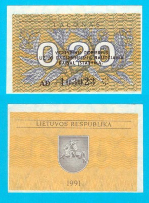 Lituania (p#30) 0.2 Talonas 1991 UNC &amp;#039;&amp;Icirc;nlocuitorul Rublei Sovietice&amp;#039; serie: AD 103023 foto