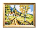 Cumpara ieftin Tablou inramat peisaj cu case taranesti pictat manual, Colt de rai, 80x60cm ulei pe panza, Constantin Feraru