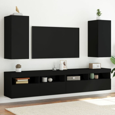 Comode TV de perete cu lumini LED, 2 buc., negru, 30,5x35x70 cm GartenMobel Dekor foto