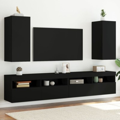 vidaXL Comode TV de perete cu lumini LED, 2 buc., negru, 30,5x35x70 cm foto
