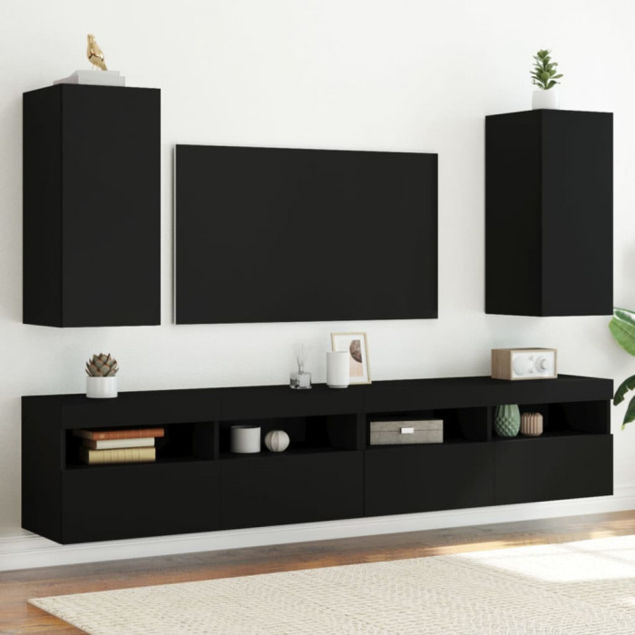 Comode TV de perete cu lumini LED, 2 buc., negru, 30,5x35x70 cm GartenMobel Dekor