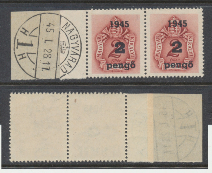 ROMANIA 1945 Ardealul de Nord Oradea I porto 2x2P pe 2f stampila Prima Zi marg.