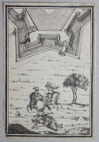 &quot;Cavaleri in lupta&quot; gravura veche pe hartie manuala, Scene lupta, Cerneala, Altul