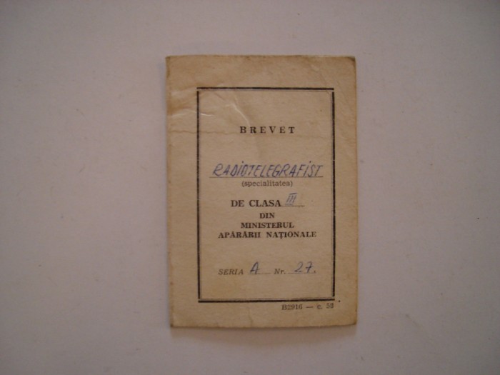 Brevet radiotelegrafist cls. III din MAN, 1992