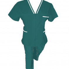 Costum Medical Pe Stil, Turcoaz inchis cu fermoar si cu garnitura Alba, Model Adelina - XS, XS