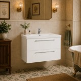 Baza cu lavoar ceramic GN0541, mobilier baie suspendat 80 cm, front MDF, 2 sertare, glisiere soft close, alb