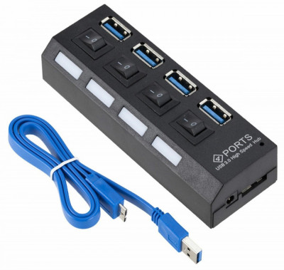 Hub USB cu comutatoare, 4 porturi, 16,5 x 3,5 m x 2,1cm, negru foto