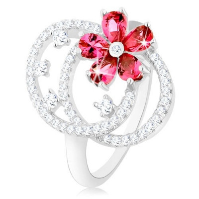Inel din argint 925, contururi ovale din zirconiu transparent, floare roz - Marime inel: 58 foto