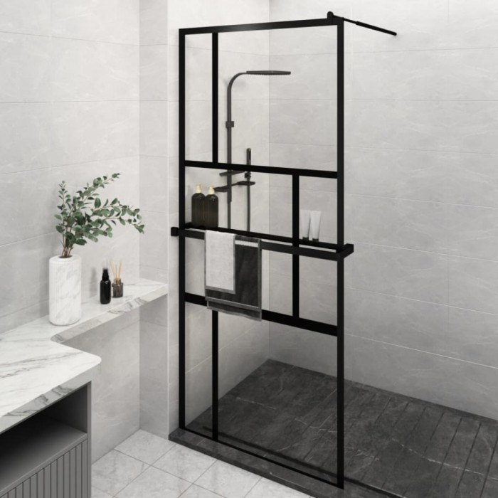 Paravan duș walk-in cu raft negru 100x195cm sticlă ESG/aluminiu