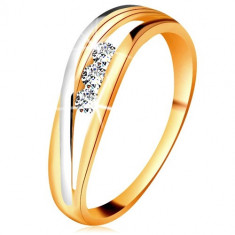 Inel aur 14K, linii ondulate în două culori, trei diamante transparente - Marime inel: 54