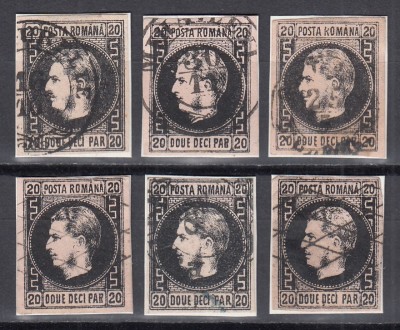 ROMANIA 1866/1867 LP 20 c REGELE CAROL I CU FAVORITI 20 PARALE NEGRU PE HARTIE ROZ HARTIE SUBTIRE BLOC REPORT 6 TIMBRE CELE 6 TIPURI STAMPILAT foto