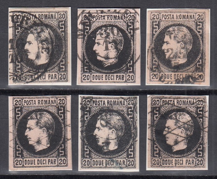 ROMANIA 1866/1867 LP 20 c REGELE CAROL I CU FAVORITI 20 PARALE NEGRU PE HARTIE ROZ HARTIE SUBTIRE BLOC REPORT 6 TIMBRE CELE 6 TIPURI STAMPILAT