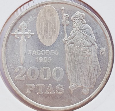 74 Spania 2000 Pesetas 1999 Juan Carlos I (Xacobeo) km 1011 argint foto