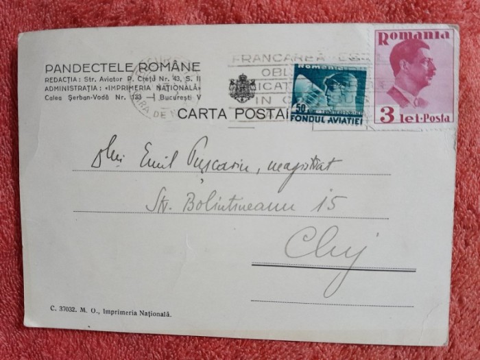 Carte postala adresata magistratului Emil Puscariu de catre un redactor de la Pandectele Romane, 1937